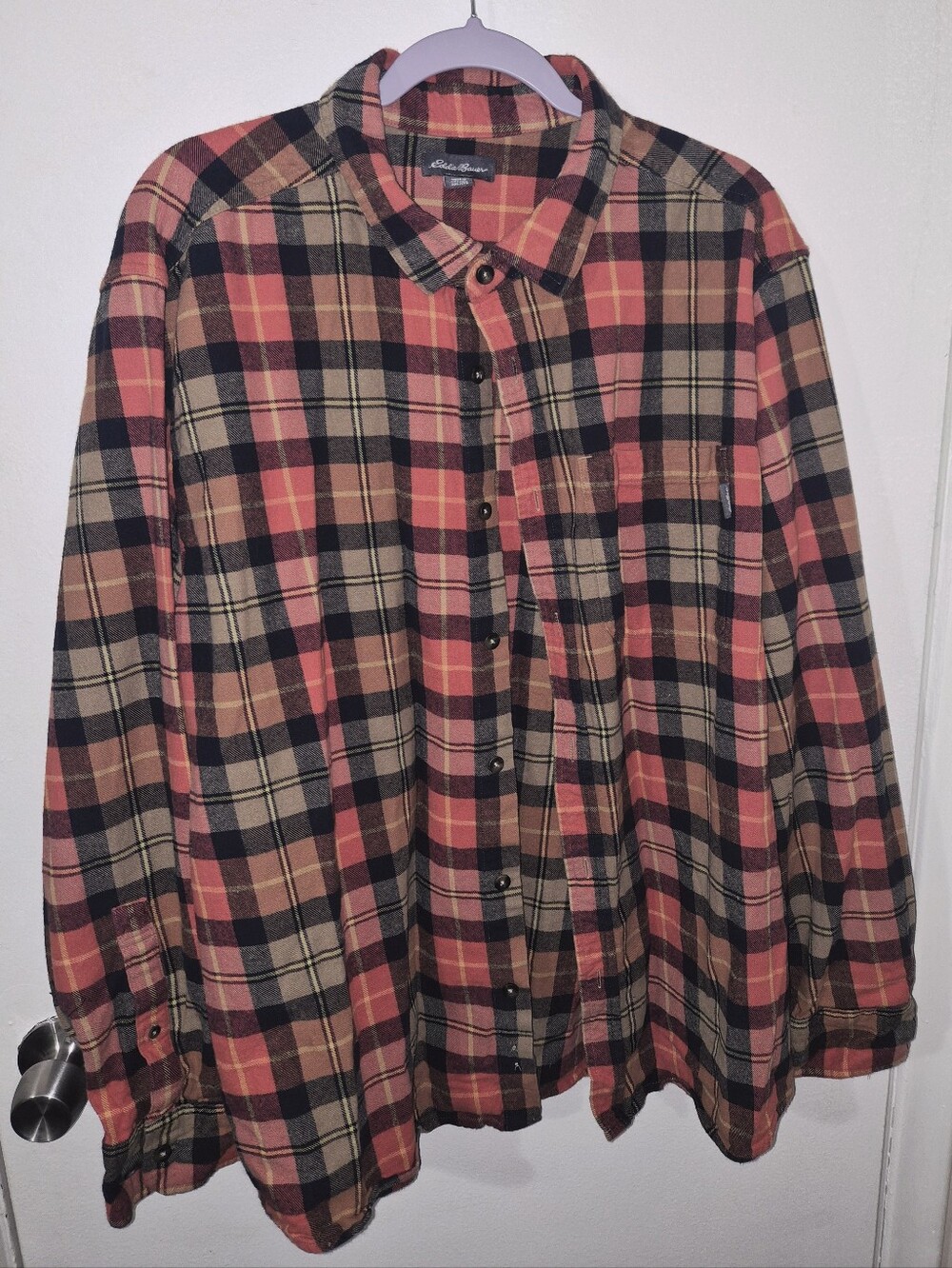 Eddie Bauer Orange, Black & Yellow Plaid Flannel Shirt